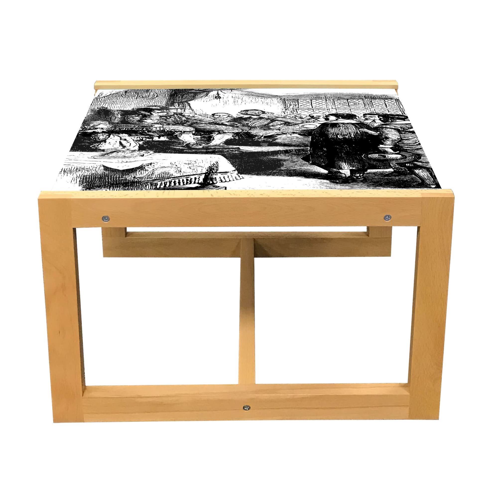 Vintage Dutch Pilgrims Coffee Table - Black & White Engraved Art, Wooden Frame for Office & Dorm Decor