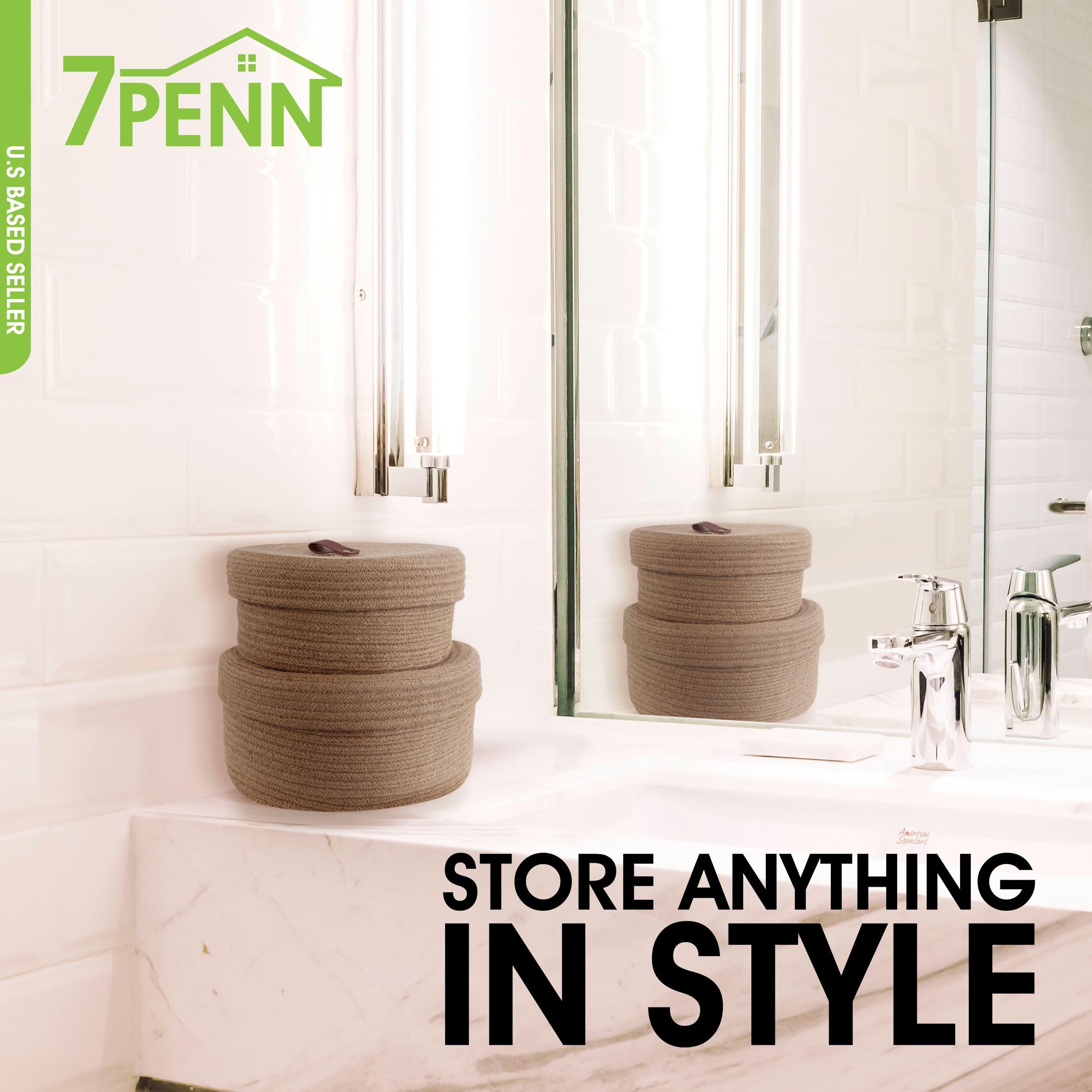 7Penn 2-Piece Round Jute Rope Storage Basket Set with Lids & Leather Handles - Natural Woven Decorative Baskets for Home Organization, Nursery, Bathroom & Living Room Storage