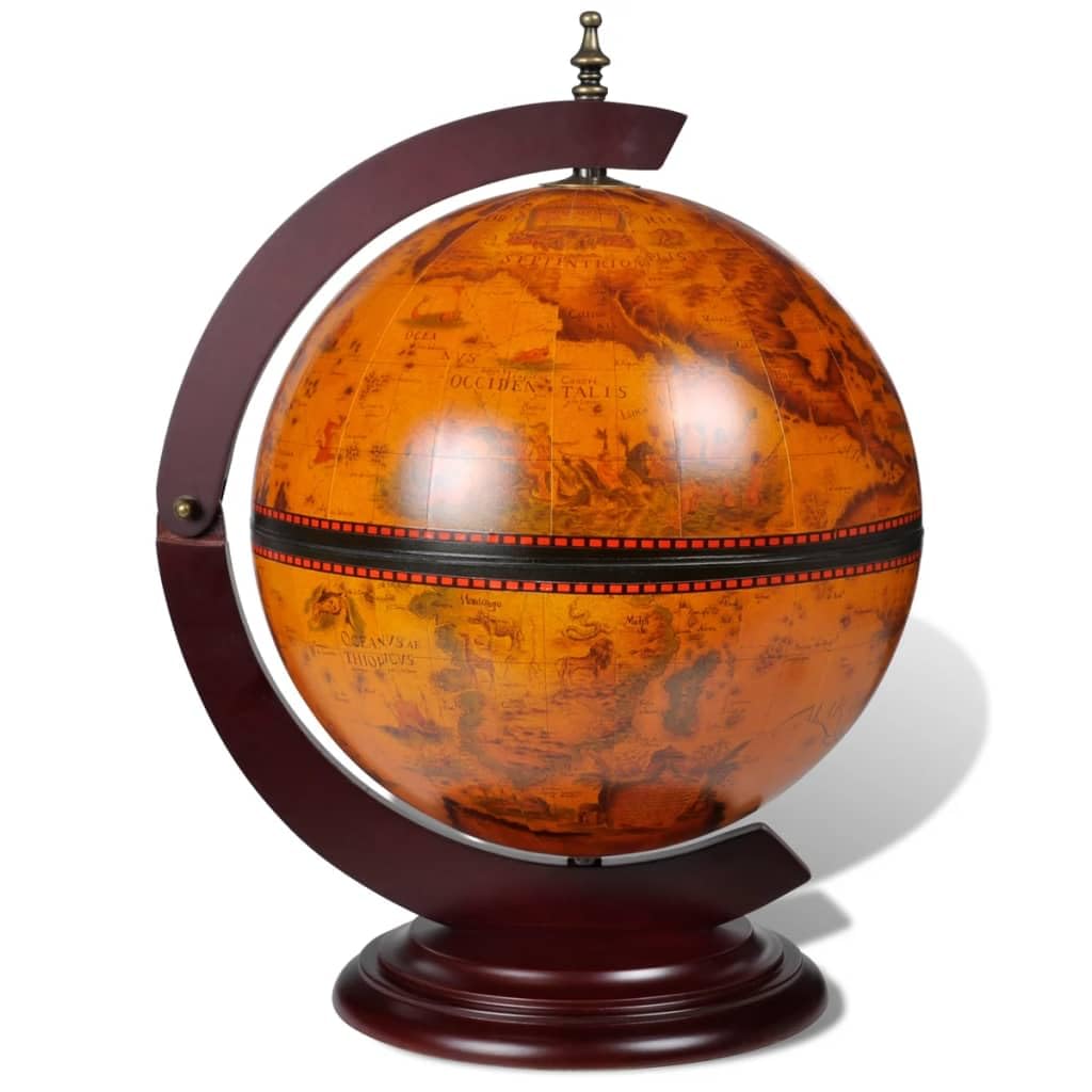 vidaXL Rotatable Eucalyptus Wood Wine Stand - 16th Century Nautical Map Tabletop Globe Bar with Antique Frescoes - Farmhouse Style Home Office Decor for Wine Storage & Display