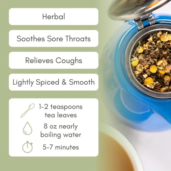 Organic Throat Soothing Loose Leaf Tea - 2oz Bag (Approx. 30 Servings) | Herbal Remedy for Cough & Sore Throat | Full Leaf Tea Co. | Perfect for Cold Relief, Office Wellness & Relaxation Time