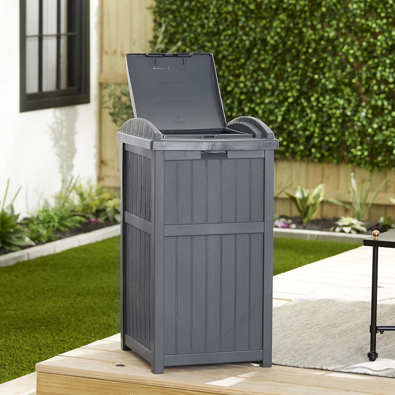 NEIDE 33 Gallon Outdoor Trash Hideaway - Rectangular Garbage Bin with Secure Latching Lid & Durable Bottom Panel (Color Options) | Perfect for Patio, Backyard, and Garage Waste Disposal