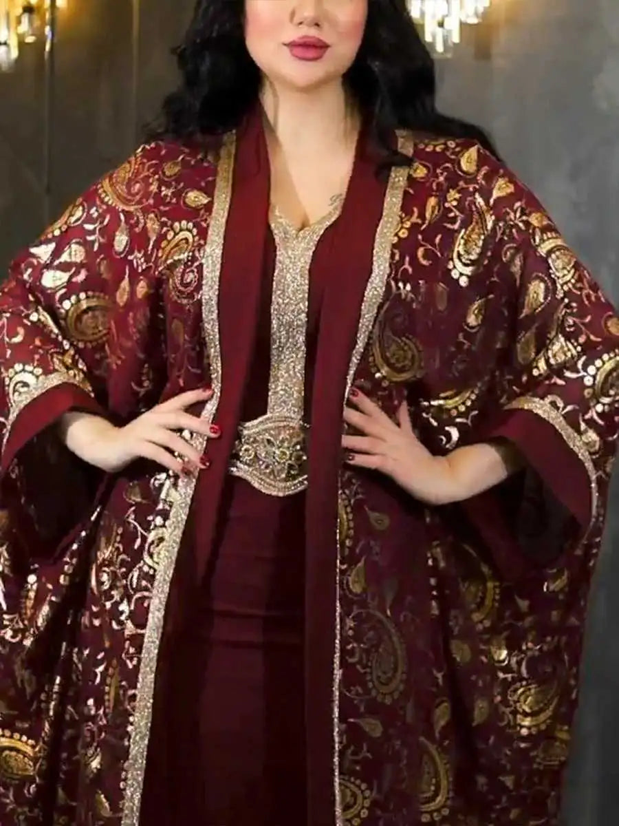 Elegant 2-Piece Muslim Women's Eid Caftan Dress Set with Inner Sleeveless Dress - Perfect for Eid Celebrations, Weddings & Special Occasions