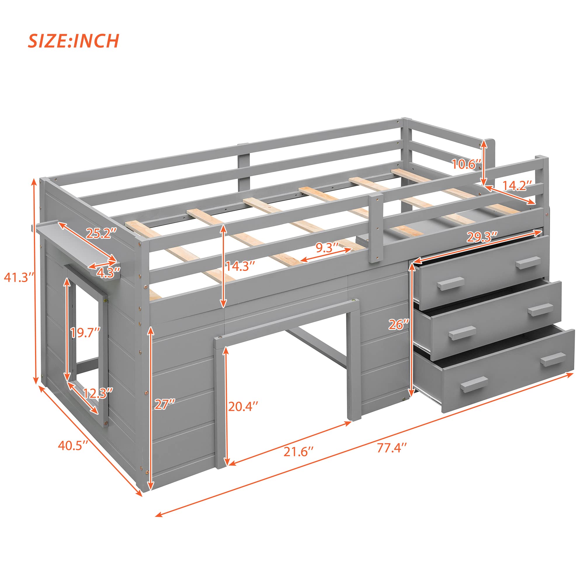 Twin Loft Bed with Storage - Solid Wood Frame for Kids - Space-Saving Gray Bedroom Solution