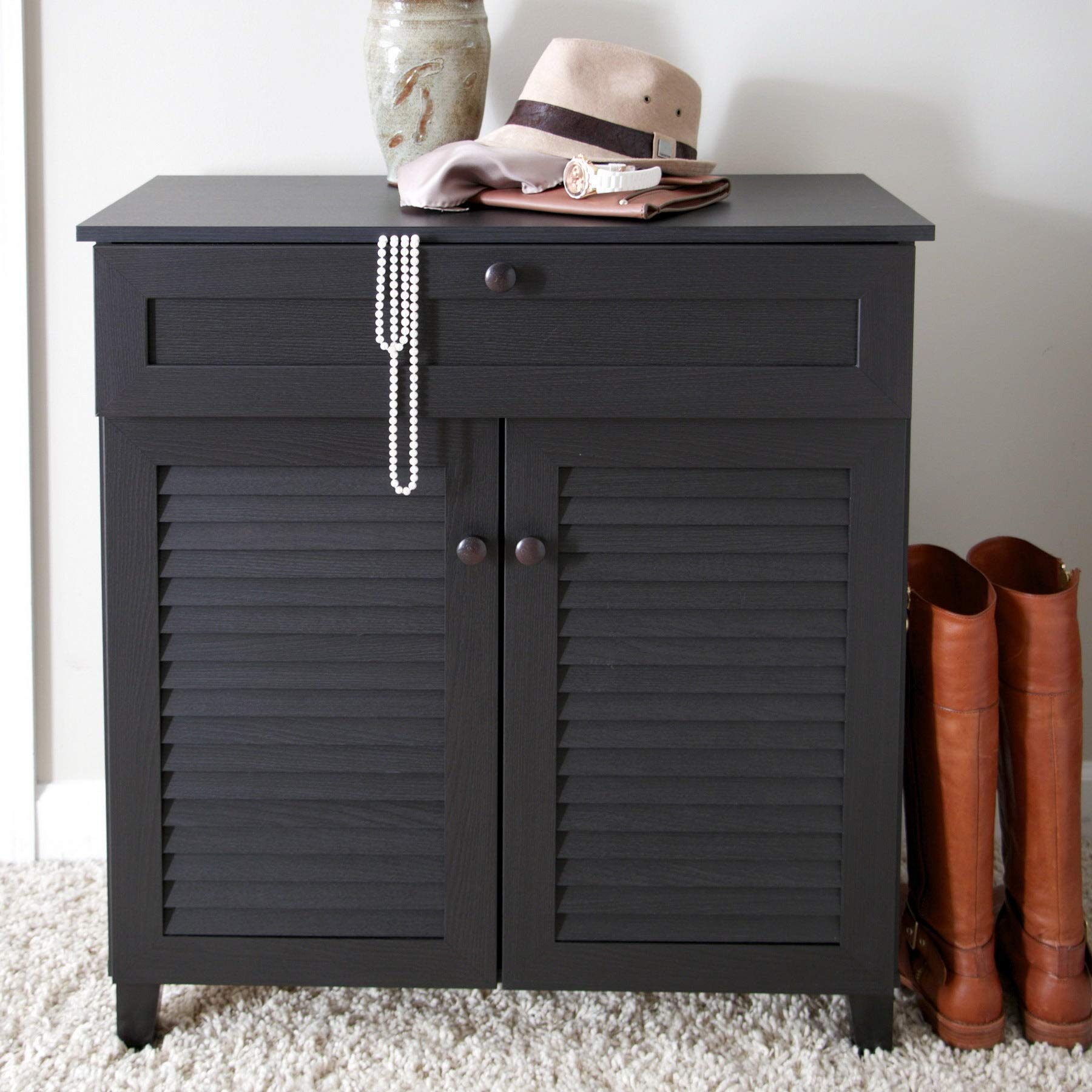 Modern Brown Espresso Wood Multi-Purpose Cabinet with Drawers - MDF Finish, Solid Construction for Living Room, Bedroom, or Office Storage