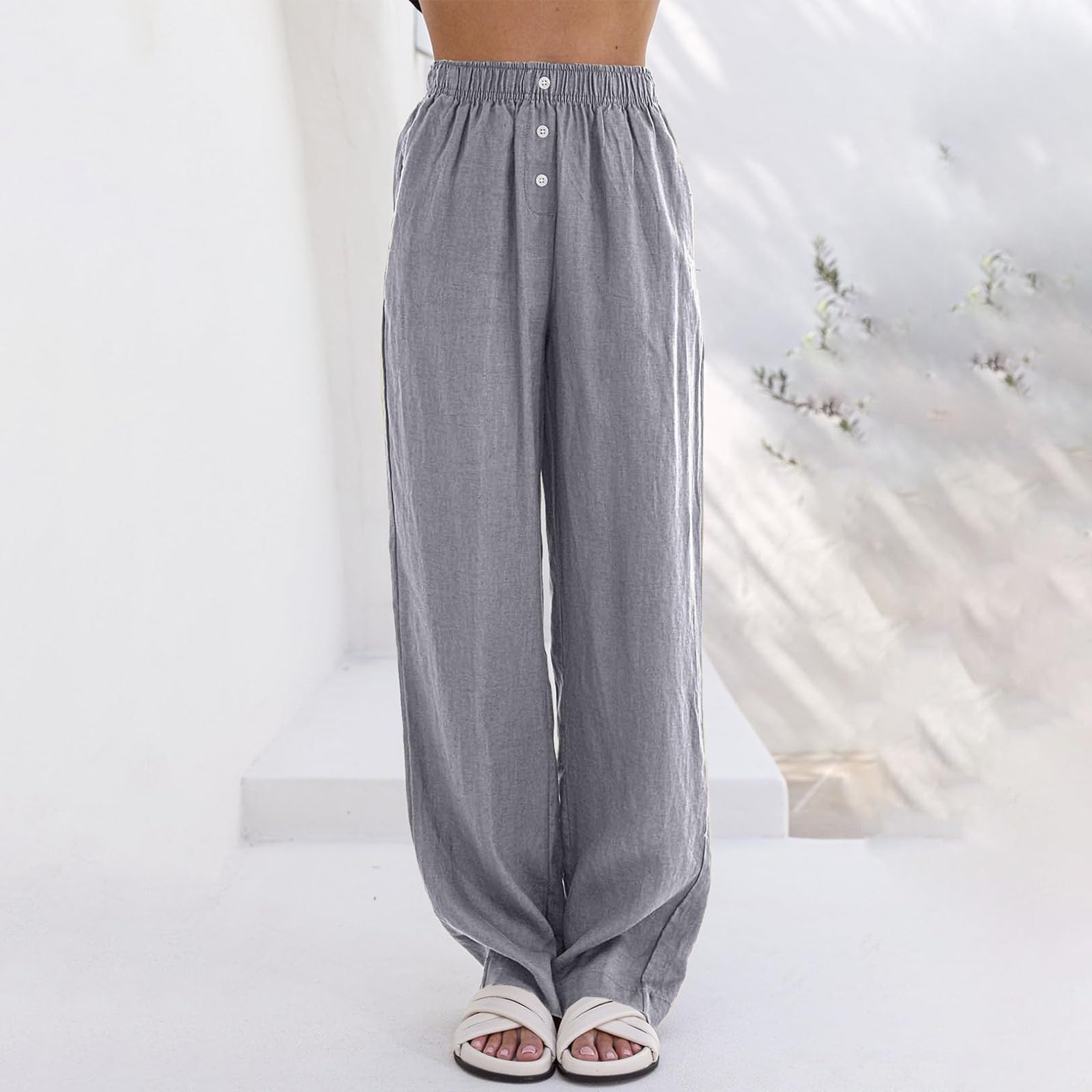 Women's High Waisted Wide Leg Pants - Summer Cotton Linen Palazzo Trousers with Pockets | Casual Straight Leg Lounge Pants for Beach, Office & Everyday Wear