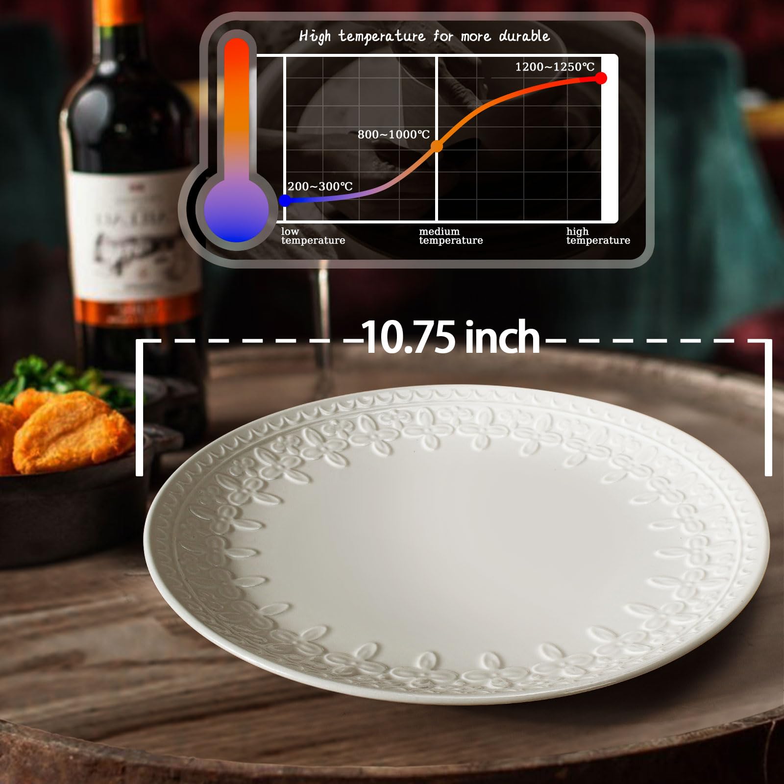 Premium 10.75 Inch Large White Ceramic Dinner Plates Set of 4 - Embossed Floral Design, Microwave & Dishwasher Safe Plates for Everyday Dining, Parties & Restaurant Use