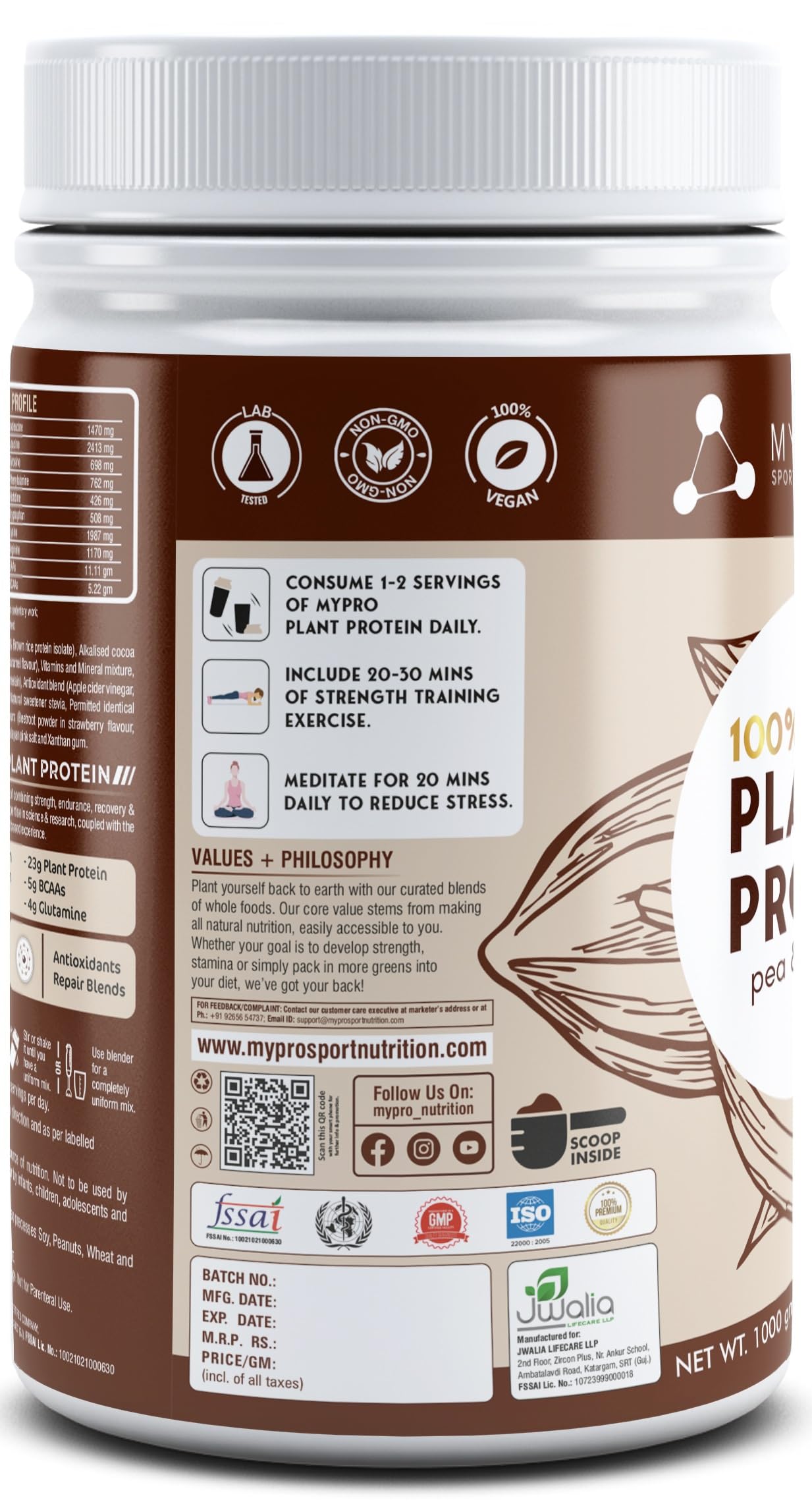 Mypro Sport Nutrition Plant Protein Powder - Pea & Brown Rice Protein (23g Protein, 22 Vitamins & Minerals, 5g BCAA) Vegan Protein Supplement for Men & Women - Vanilla Coconut Ice Cream Flavor, 1kg | Post-Workout Recovery, Muscle Growth, Healthy Lifestyle