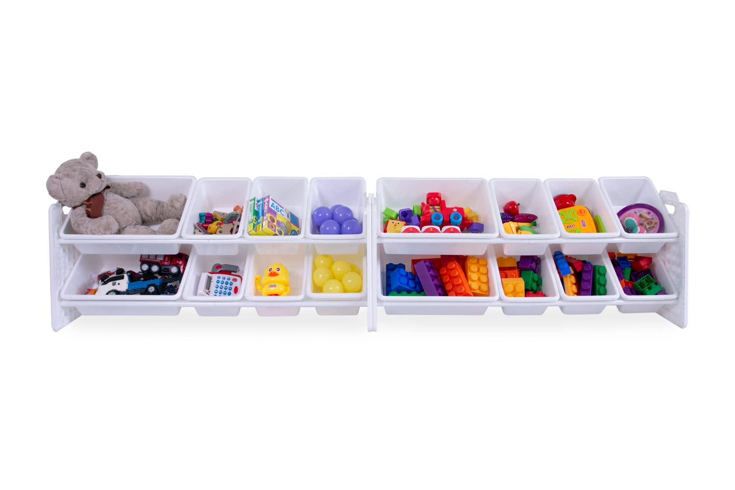 UNiPLAY 16-Bin Toy Organizer with Removable Storage Bins | Kids Bookshelf & Toy Storage for Legos, School Supplies, Arts & Crafts | Sturdy White Baseplate Frame for Playroom & Classroom Organization