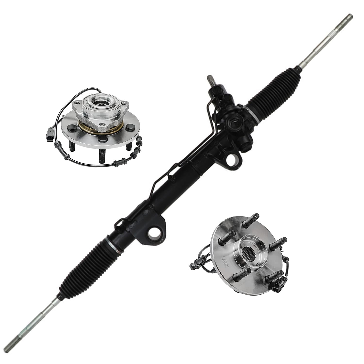Detroit Axle 4WD Power Steering Rack and Pinion & Front Wheel Hub Bearing Kit for 2002-2005 Dodge Ram 1500 with ABS - 3 Piece Replacement Set - Off-Road & Towing Upgrade