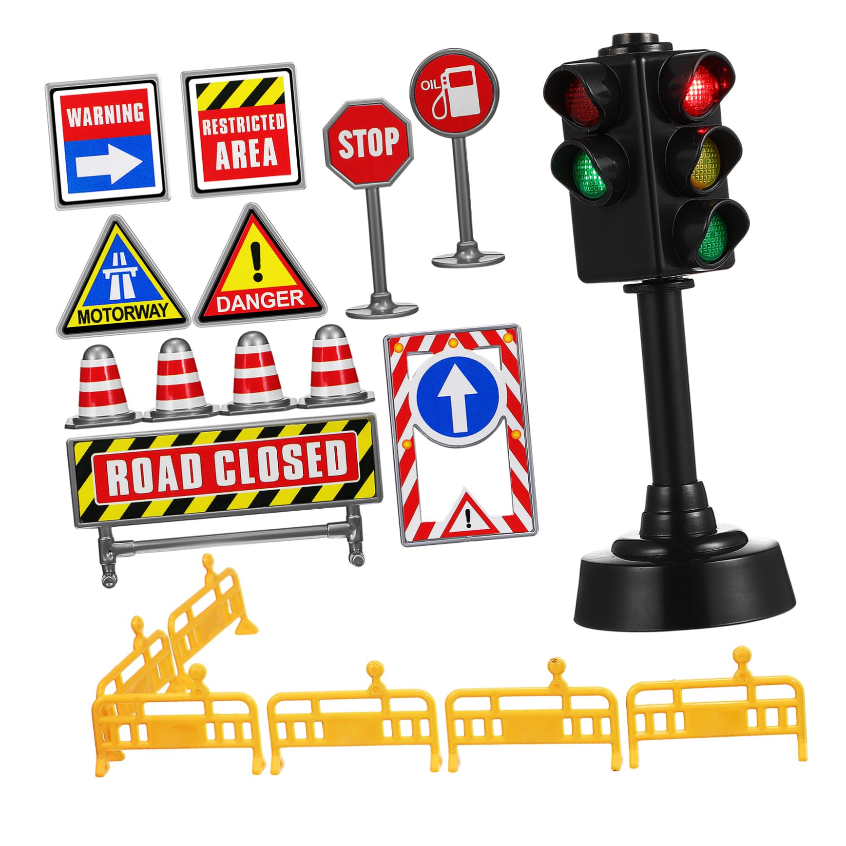 Kids Mini Traffic Toys Set - Mini Road Cones, Road Signs, Traffic Signal Light, Street Sign with Sound & Light, Plastic Educational Toys for Indoor & Outdoor Play