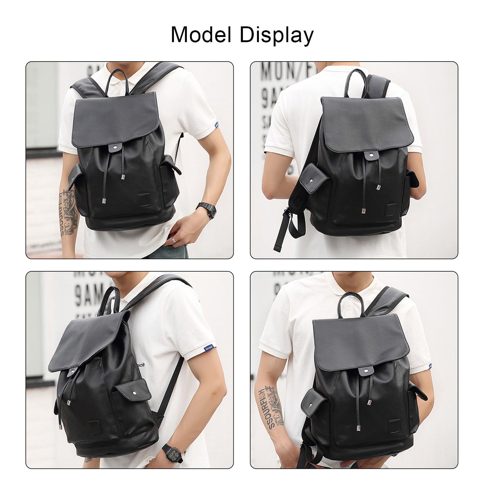 Premium PU Leather Laptop Backpack for Women & Men - Adjustable Shoulder Strap Business Bag, 15.6 Inch Travel Backpack for Work, School, Hiking, Camping & Daily Commute (Black)