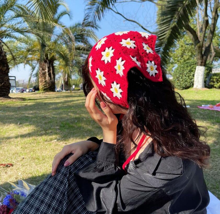 FZBNSRKO Crochet Kerchief Headwrap - Floral Knit Hair Scarf Bandana for Women & Girls, Red - Boho Chic Accessory for Summer, Beach, and Outdoor Activities
