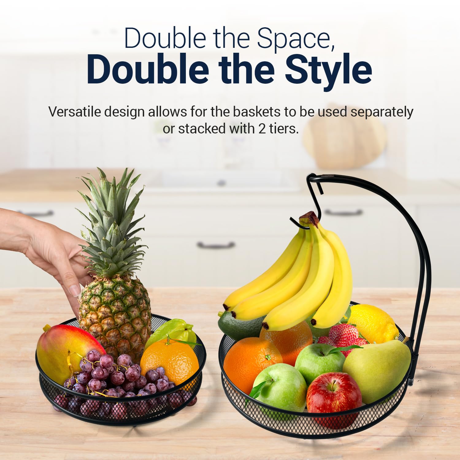 2 Tier Fruit Basket with Banana Hanger - Kitchen Counter Fruit & Vegetable Storage Bowl - Black by Linda's - Perfect for Organizing Fresh Produce in Pantry, Dining Room or Kitchen Countertop