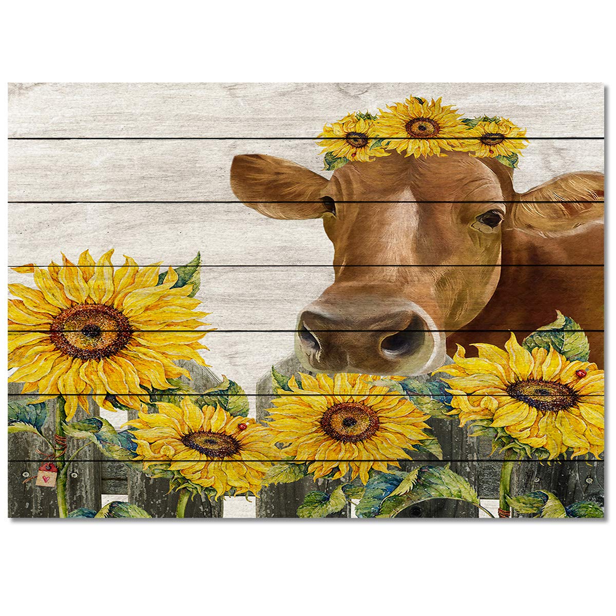 **5'x8' Yellow Sunflower Cow Area Runner Rug - Washable Indoor/Outdoor Carpet for Kitchen, Living Room, Bathroom, Bedroom & Classroom - Retro Farmhouse Wooden Doormat, Desk & Welcome Mat - Perfect for Home Decor, Entryway & Laundry Room**