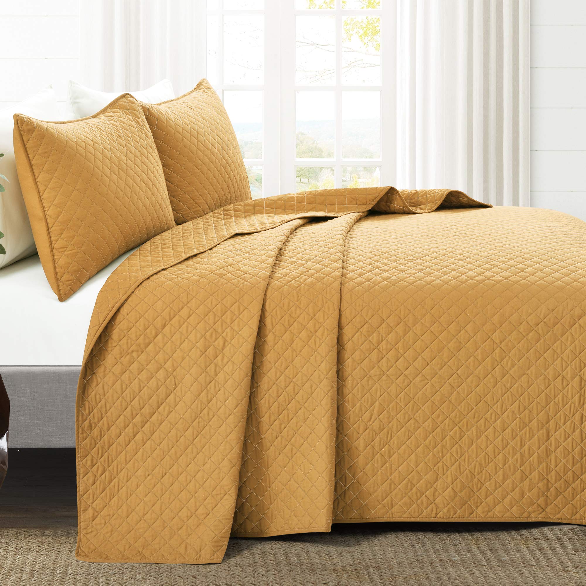 Lush Decor Ava Quilt Set - 3 Piece Oversized Diamond Pattern Bedding Blanket & Bedspread - Full/Queen Size - Mustard Yellow - Cozy Home Decor for Bedroom, Living Room & Guest Room
