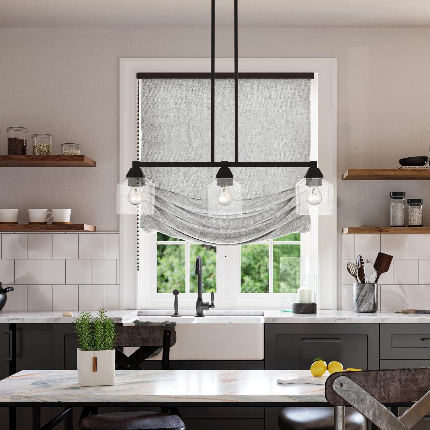 Black Aragon 3-Light Linear Chandelier - Modern LED Pendant Lighting for Dining Room, Kitchen Island & Entryway (Model 49763-04)