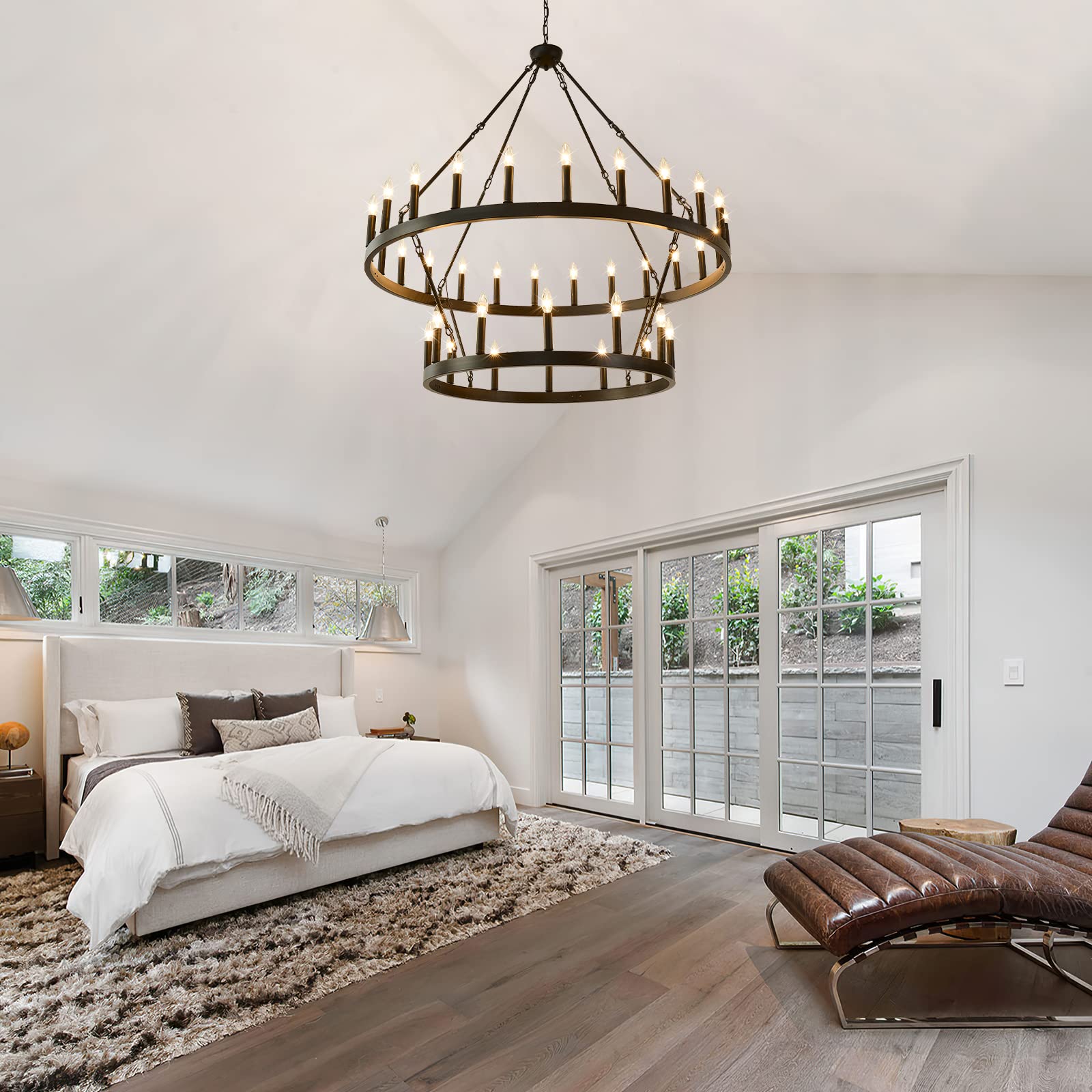 Extra Large 48-Inch Black Rustic Wagon Wheel Chandelier - 36-Light Farmhouse Pendant Light Fixture for High Ceilings | Perfect for Dining Room, Living Room, Kitchen Island, Foyer & Entryway | Creates Cozy Ambiance for Farmhouse, Rustic & Industrial Decor Styles