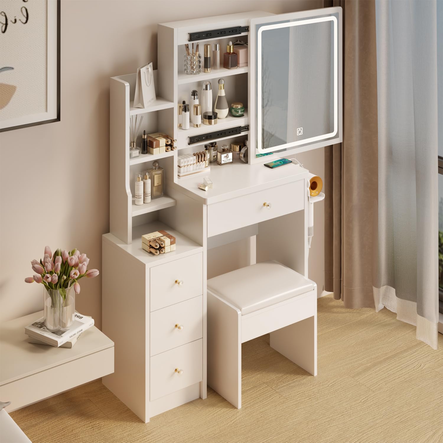 HOUAGI White Makeup Vanity Desk with Mirror & Lights for Small Bedroom - Perfect Dressing Table Set