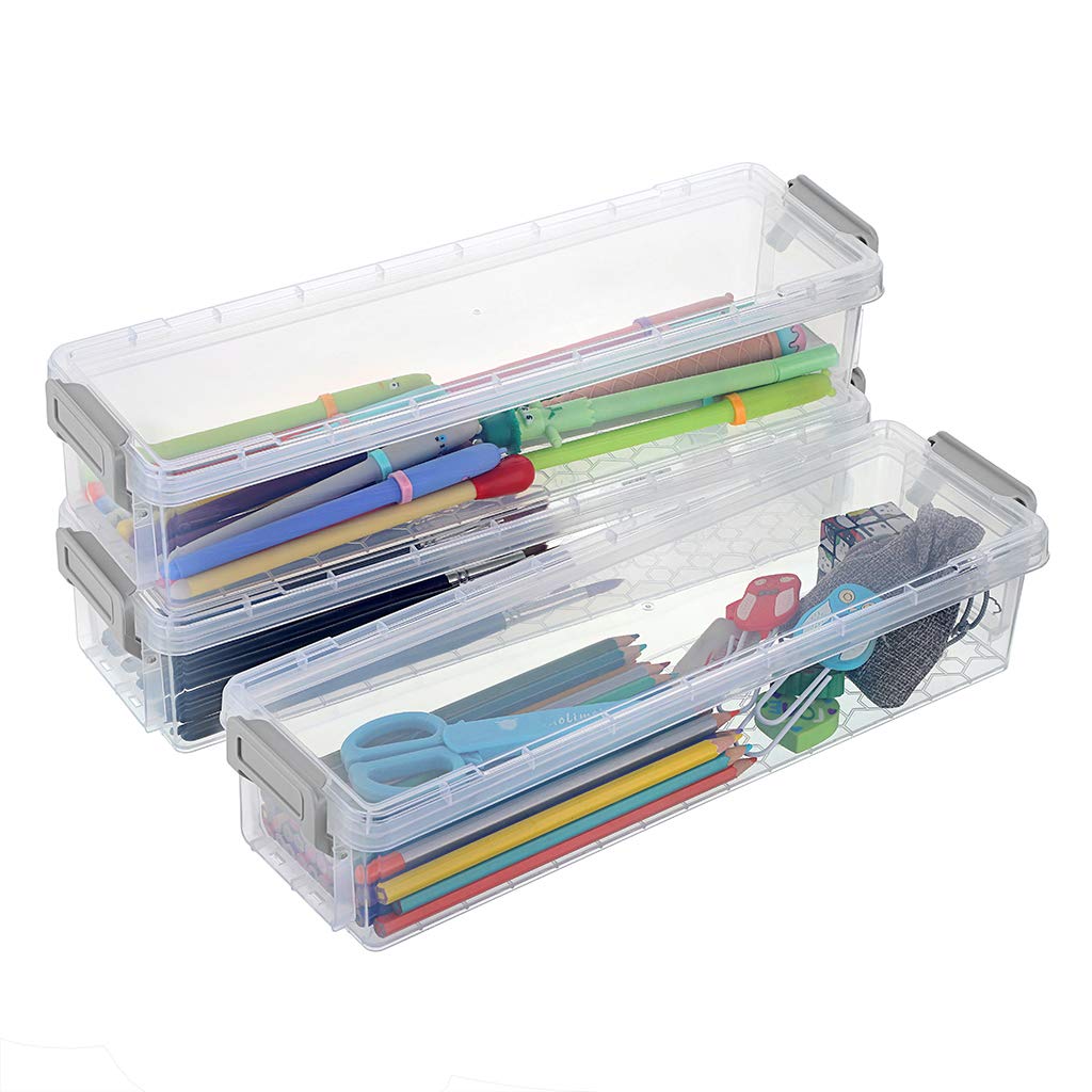 BTSKY 3-Pack Clear Plastic Stackable Storage Box with Grey Clip – Organizer for Pens, Pencils, Markers, Erasers & Office Supplies | Perfect for Home, Office & School Organization