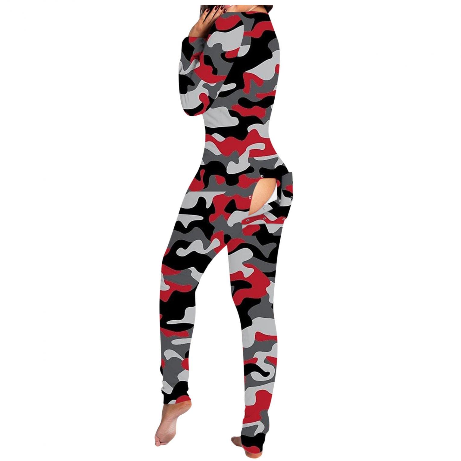**POTO One Piece Pajamas for Women - Soft V-Neck Long Sleeve Romper with Butt Button Flap & Fun Prints - Cozy Sleepwear for Lounge & Sleep**