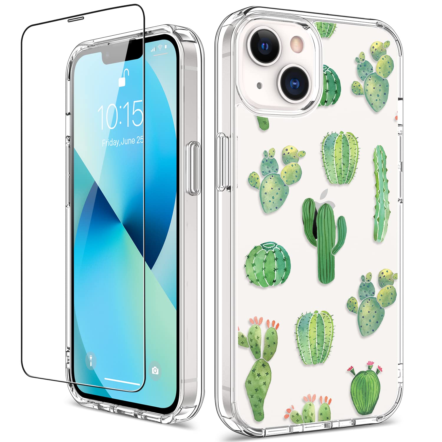 GiiKa iPhone 13 Mini Case with Screen Protector - 5.4 Inch Clear Full Body Shockproof Protective Floral Design Hard Case with TPU Bumper Cover for Women (Green Cactus) - Perfect for Everyday Use, Travel & Outdoor Activities