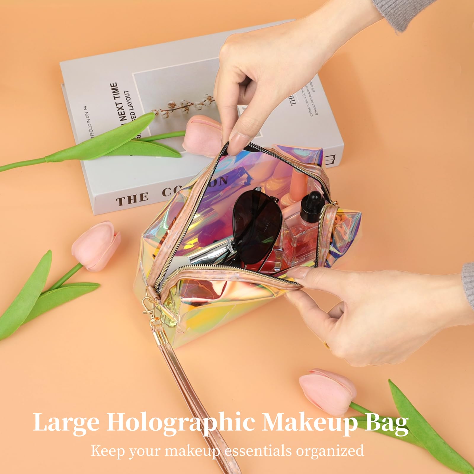 DIMEGON 8 Pcs Holographic Makeup Bags - Iridescent Clear Cosmetic Organizer with Zipper & Wrist Loop | Waterproof Travel Toiletry Pouch for Women | Perfect for Travel, Gym, Beach & Daily Makeup Storage