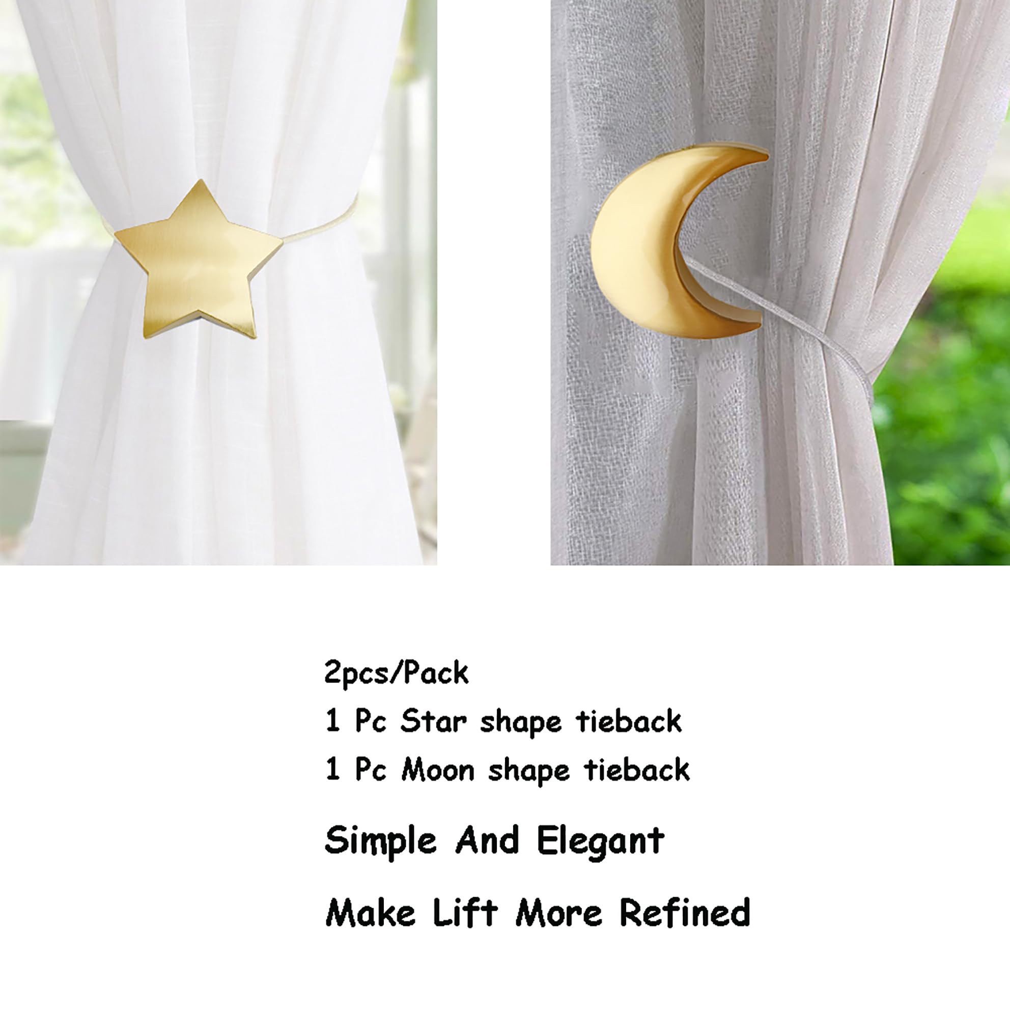 Gold Moon and Star Magnetic Curtain Tiebacks - Decorative Rope Holdbacks for Window Drapes (1 Pair) - Elegant Bedroom Home Decor for Living Room, Nursery & Dorm