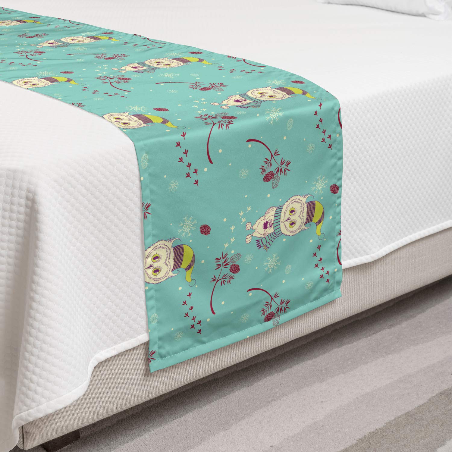Ambesonne Owl Print Bed Runner - Winter Themed Decorative Bedding Scarf with Snowflakes & Branches Pattern for Hotels, Homes & Guest Rooms | Perfect for Holiday Decor, Christmas Bedding & Cozy Winter Bedroom Accent