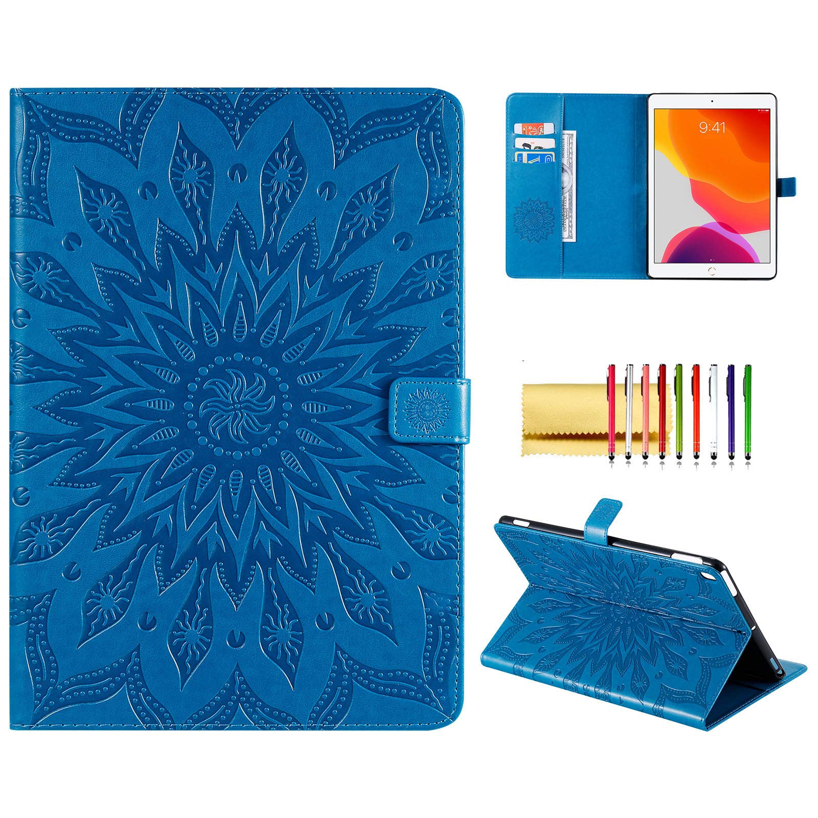 Premium PU Leather Folio Case for iPad 9th/8th/7th Generation - Sunflower Embossed Protective Cover with Auto Wake/Sleep, Card Slots & Money Pocket | Perfect for Work, Travel & School (Blue)