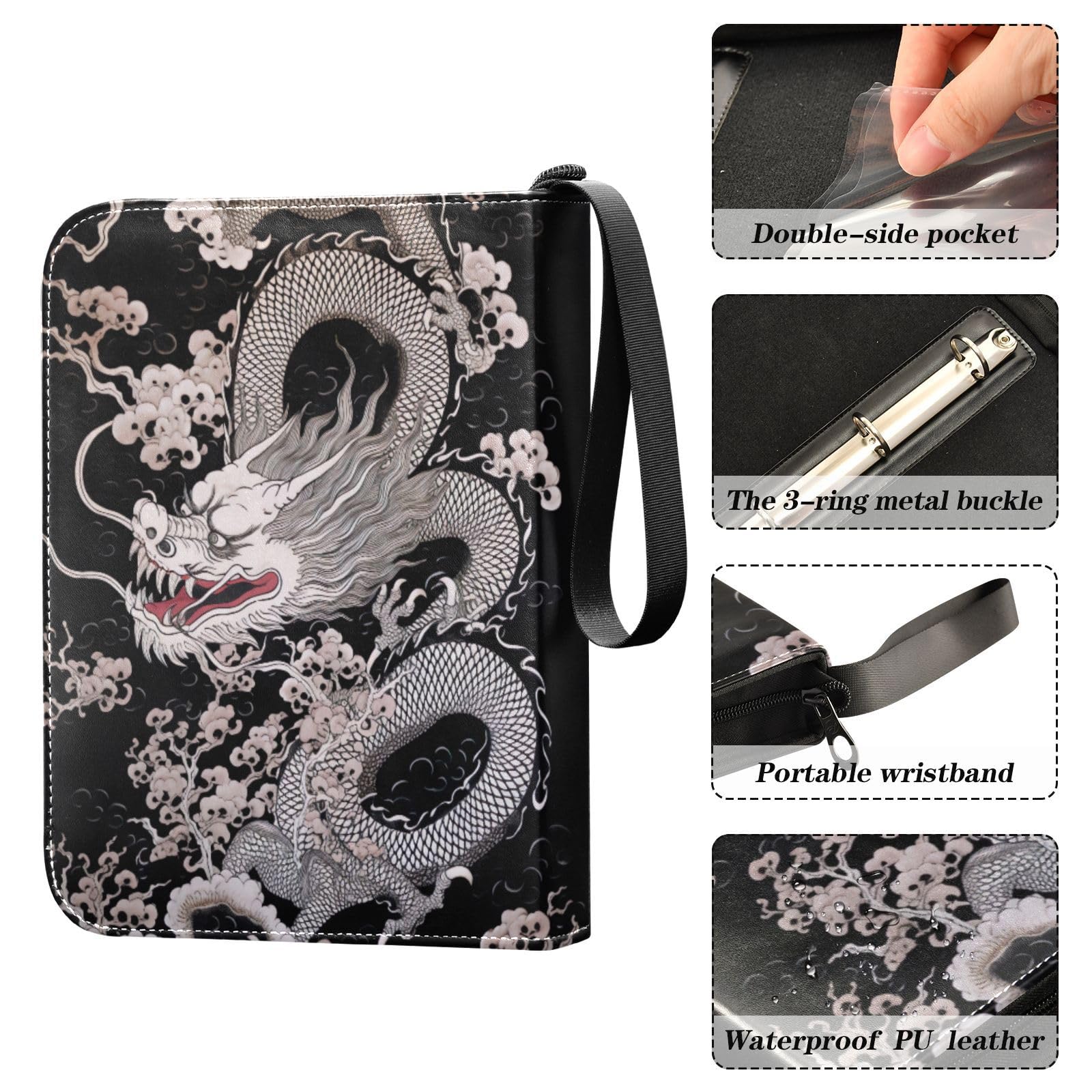 Qilmy Chinese Dragon Trading Card Binder - 400 Pocket PU Leather Collector Album for Sports Cards, Game Cards & TCG - Perfect for MTG, Pokemon, Yu-Gi-Oh Card Storage & Display