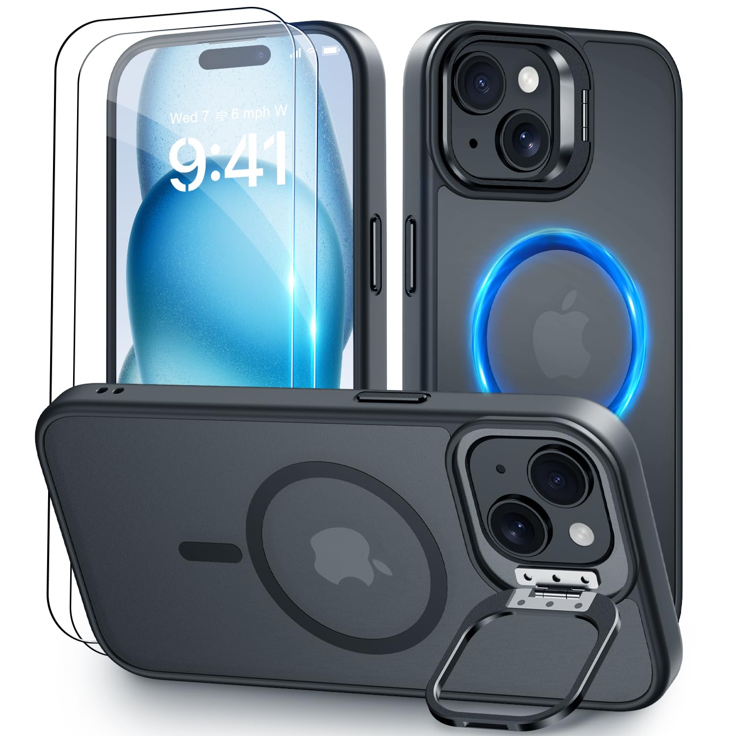 Beasyjoy Magnetic iPhone 15 Case with Stand (6.1 inch) - Magsafe Compatible, Military Grade Drop Protection, Slim Design - Perfect for Work, Travel & Hands-Free Viewing - Black