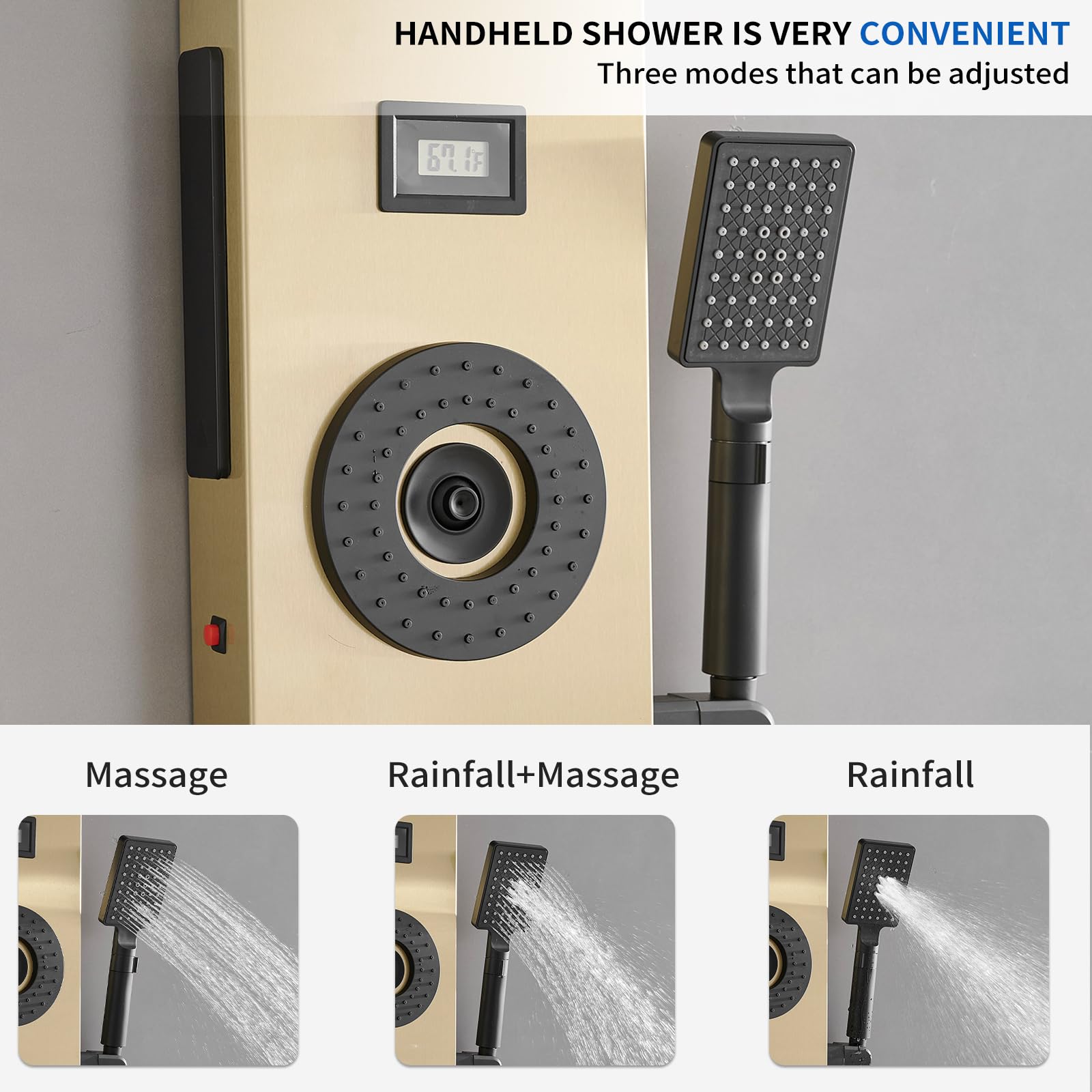 Brushed Gold LED Rainfall Shower Panel System - 6-Function Body Massage Shower Tower with Temperature Display | Wall Mount Bathroom Fixture for Luxurious Spa Experience