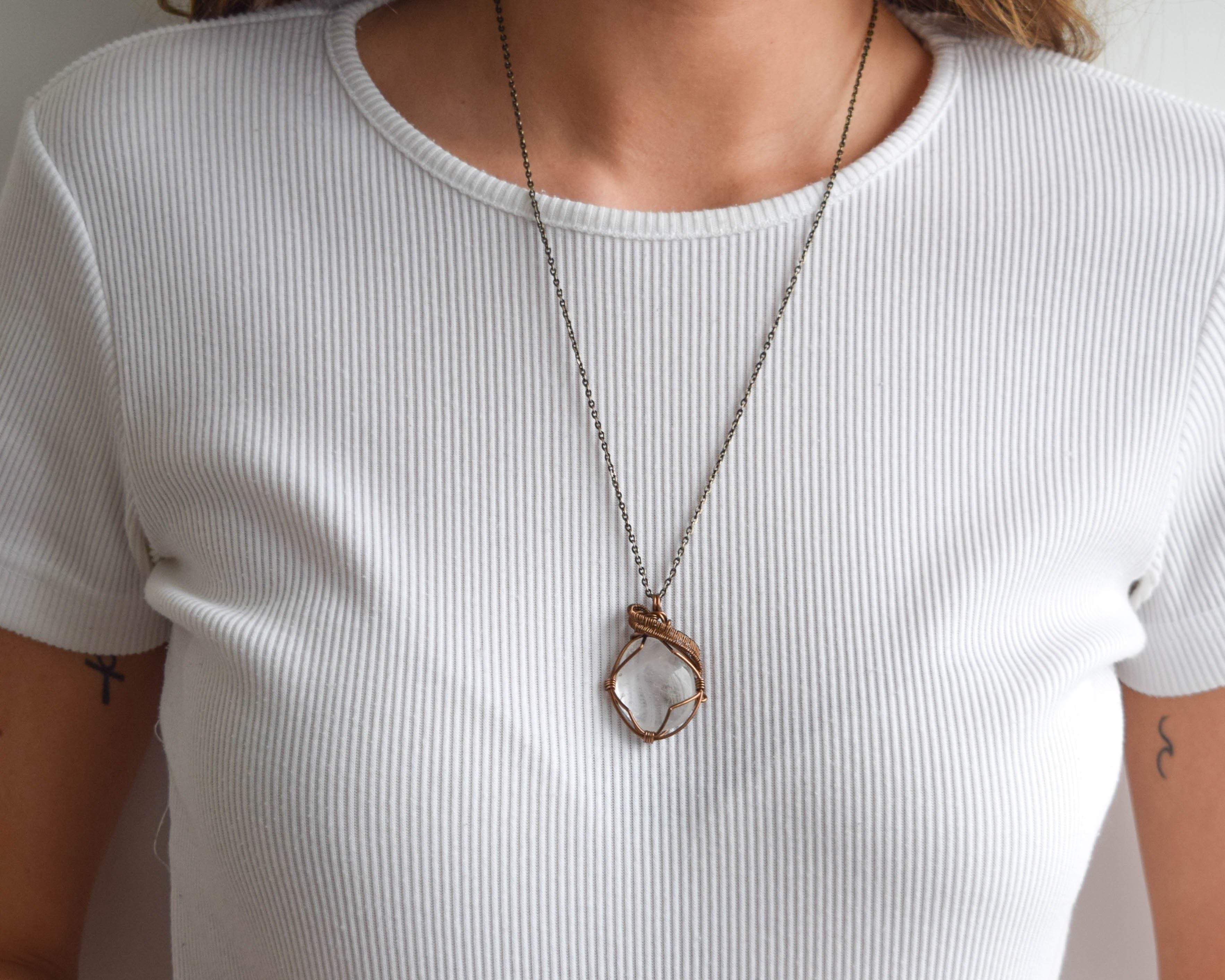 Natural Clear Quartz Pendant Necklace with Gunmetal Wire Wrap - Healing Crystal Jewelry for Meditation, Energy Cleansing & Spiritual Protection