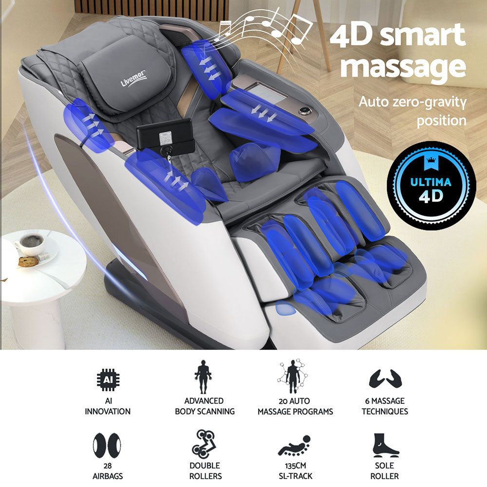 Livemor 4D Massage Chair with Double Core Mechanism - Full Body Electric Recliner with Zero Gravity, Heat Therapy & Air Compression - Perfect for Home, Office & Relaxation (Melisa White)