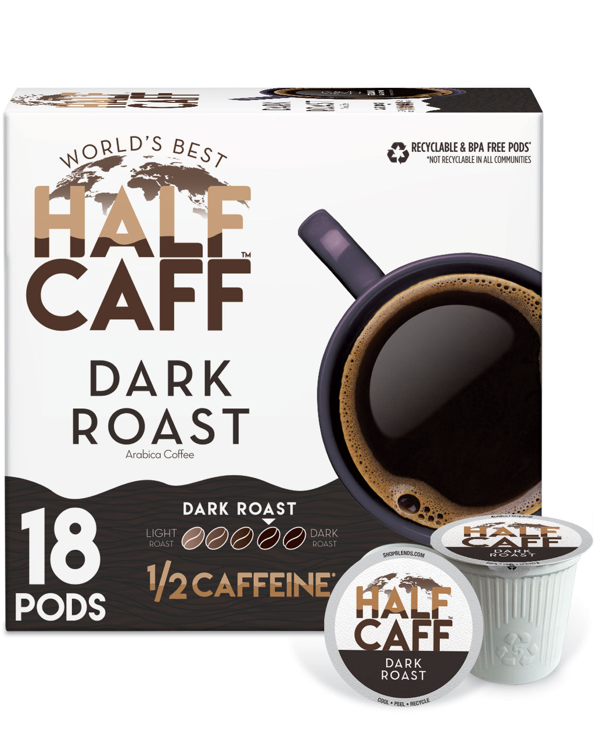World's Best Half Caffeine Dark Roast Coffee Pods - Compatible with Keurig 2.0 - Perfect for Morning Energy & Evening Relaxation