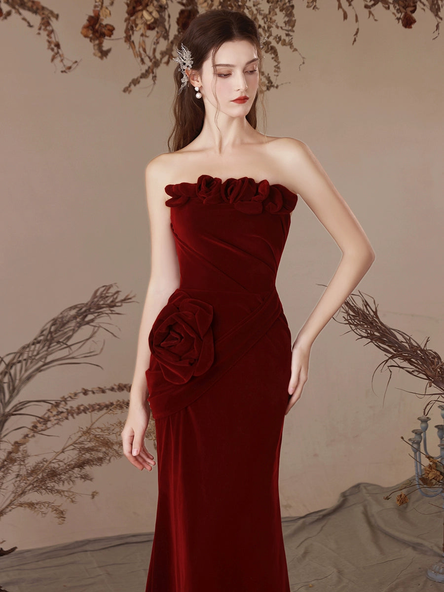 Elegant Mermaid Velvet Burgundy Long Prom Dress for Women - Formal Evening Gown for Homecoming, Ball, Wedding & Special Occasions