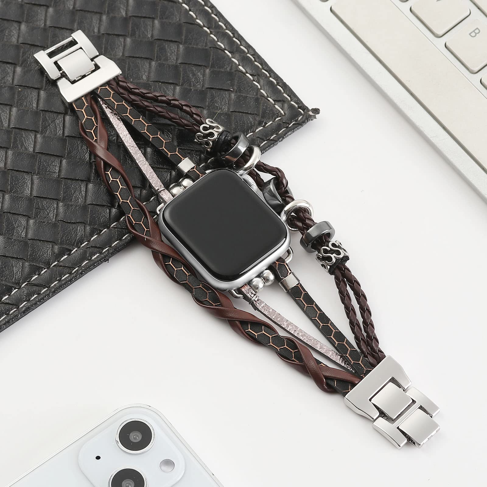 Premium Genuine Leather Apple Watch Bands 38mm 40mm 41mm for Men & Women - Boho Chic Bracelet Strap Compatible with iWatch Series SE/7/6/5/4/3/2/1 | Perfect for Workouts, Office Wear & Casual Fashion Accessories