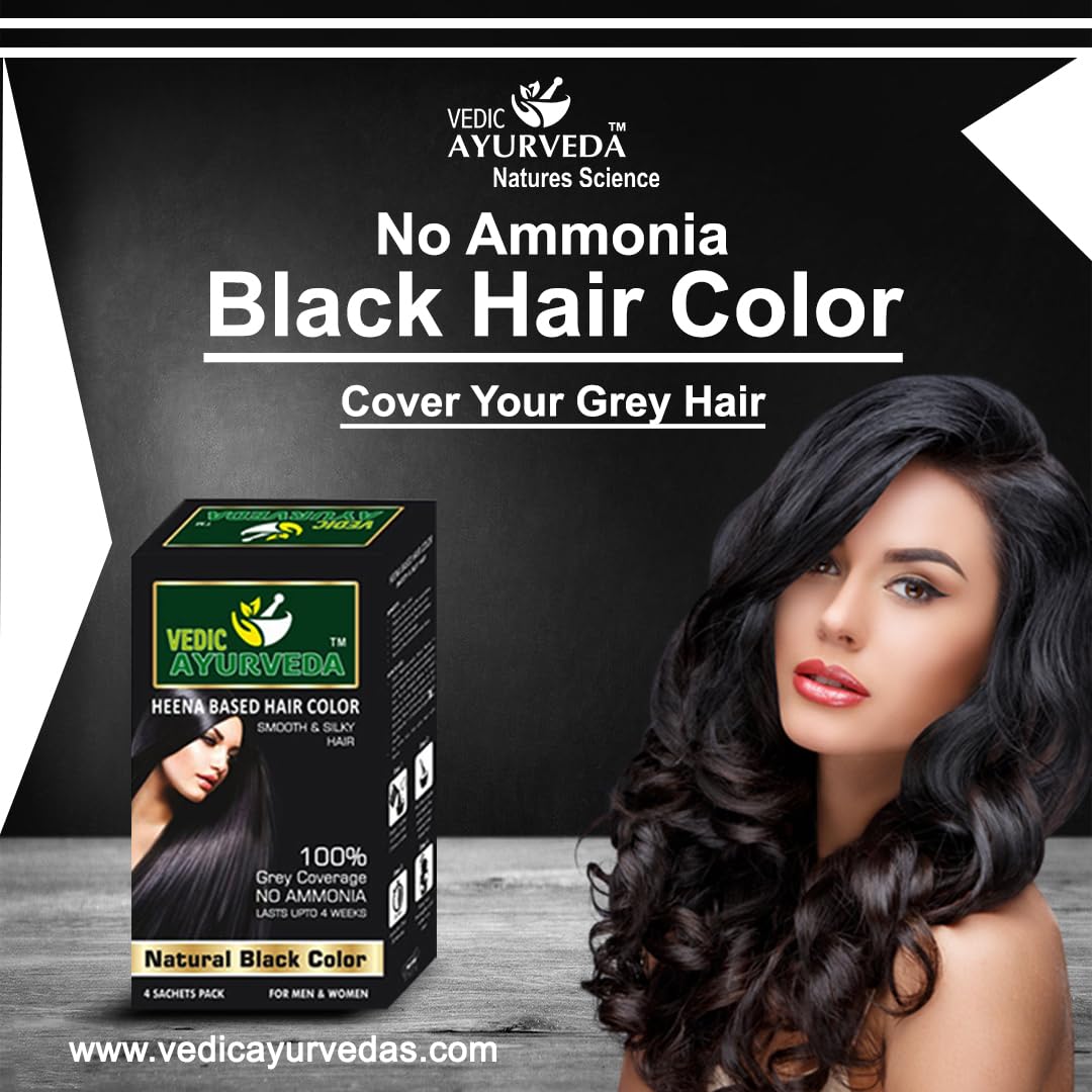 VedicAyurvedas Bio-Organic Natural Pure Henna Hair Color - 100% Gray Coverage, Ammonia-Free, Black Shade (4 Sachets) for Smooth Silky Hair | Safe Herbal Hair Dye for Women & Men | Perfect for Home Use, Salon Results, and Covering Gray Hair Naturally