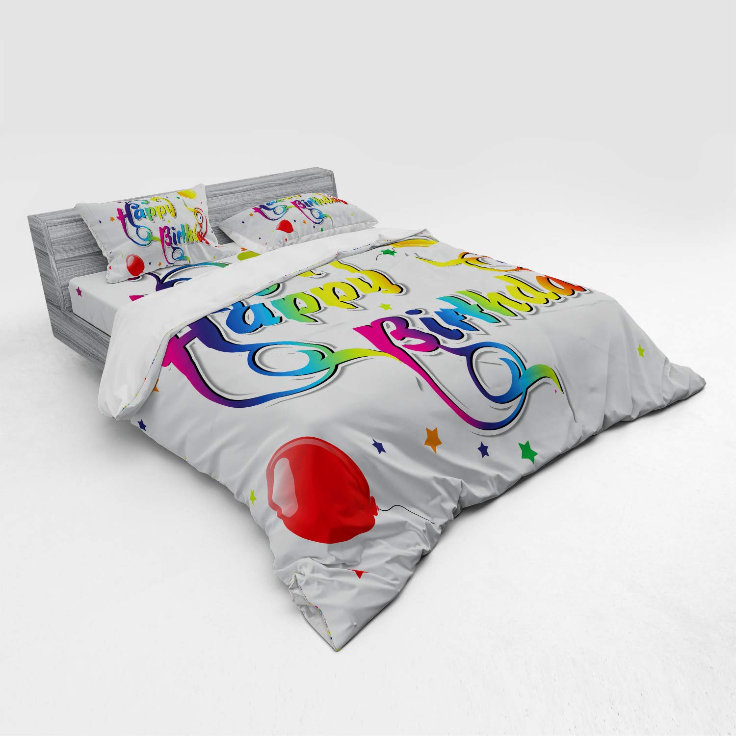 Ambesonne Happy Birthday Duvet Cover Set - King Size 4-Piece Bedding with Floral Swirls, Stars & Balloons Design, Includes Shams & Fitted Sheet - Perfect for Birthday Parties, Guest Rooms & Special Occasions
