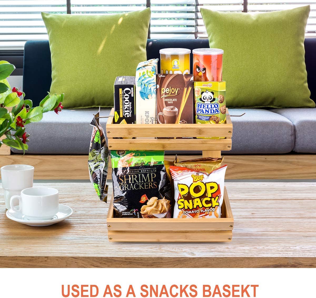 2-Tier Wooden Fruit Basket for Kitchen - Organizer for Bread, Vegetables, Snacks & Food - Free Stand & Wall Mount - Perfect for Pantry, Dining Room & Countertop Storage