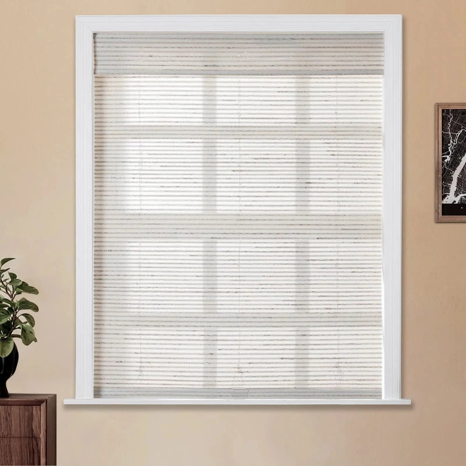 Natural Bamboo Woven Window Shade - Cream Color Eco-Friendly Roller Blind for Living Room & Bedroom Privacy & Sun Protection
