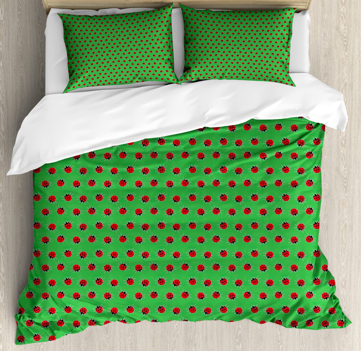 Ambesonne Entomology Duvet Cover Set - King Size 2-Piece Bedding with Ladybug Print, 2 Duvet Covers & 4 Pillowcases, Fern Green & Dark Coral - Perfect for Kids' Rooms, Nature-Themed Bedrooms & Cozy Home Decor