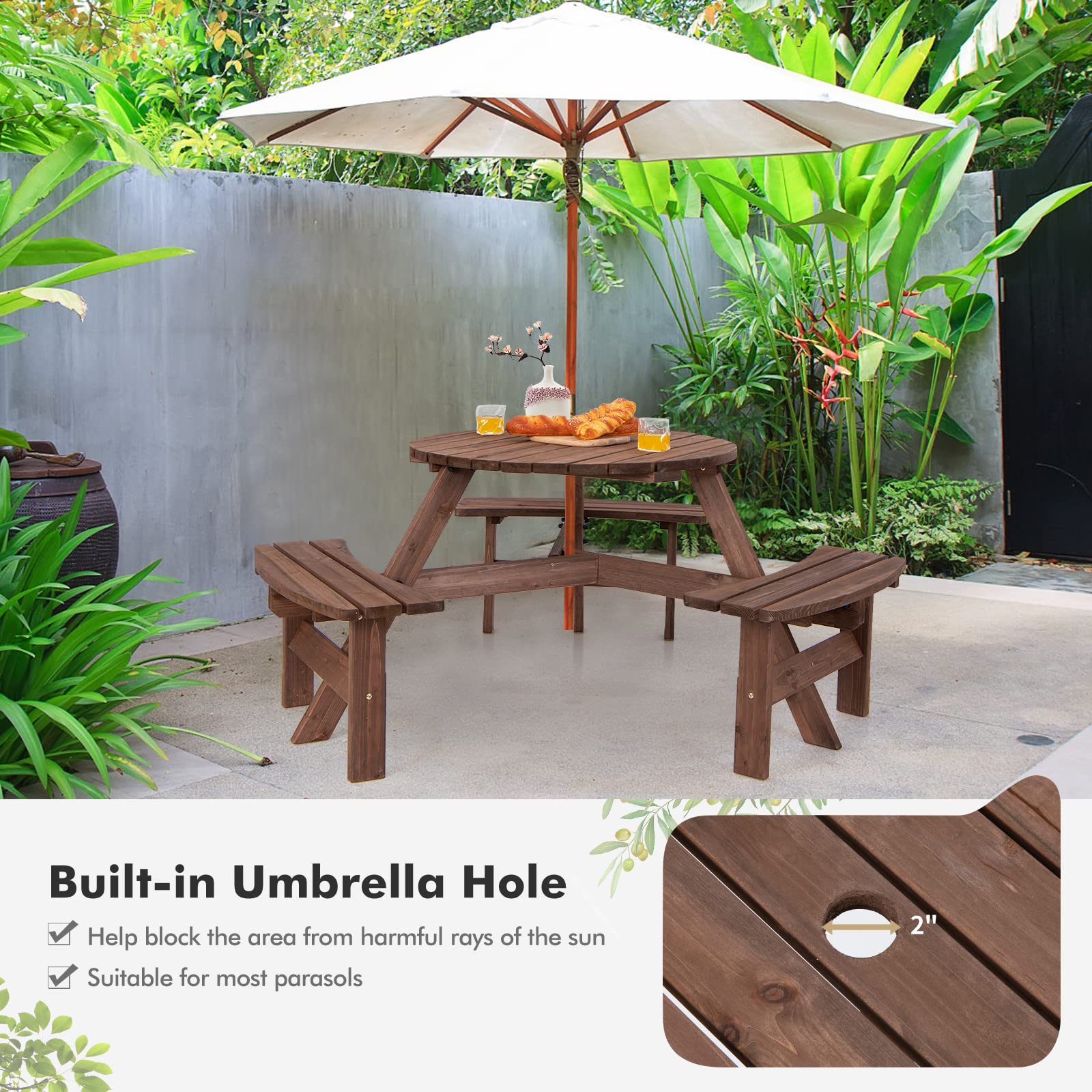 Tangkula 6-Person Outdoor Wooden Picnic Table Set with 3 Built-in Benches & Umbrella Hole - 500lbs Capacity per Bench - Perfect for Garden, Backyard, Patio, Park, and Camping