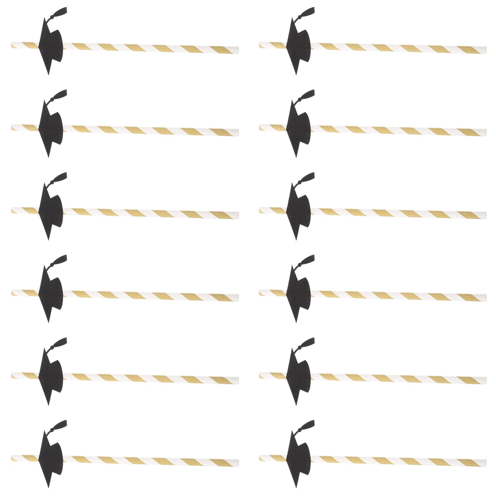 BESTOYARD Graduation Cap Paper Straws - Pack of 12 Black Striped Decorative Drinking Straws for 2023 Graduation Parties, Commencement Celebrations & School Events