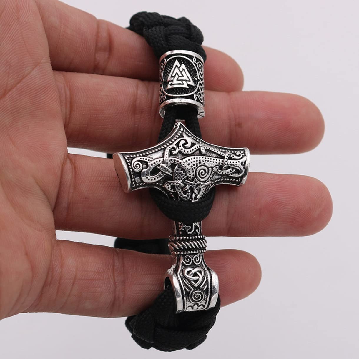 Viking Hammer Bracelet for Men - Norse Valknut Hammer Braided Bracelet with Celtic Knot Design, Odin Rune Jewelry, Punk Bangle | Perfect for Viking Lovers, Norse Mythology Enthusiasts, and Punk Fashion Accessories