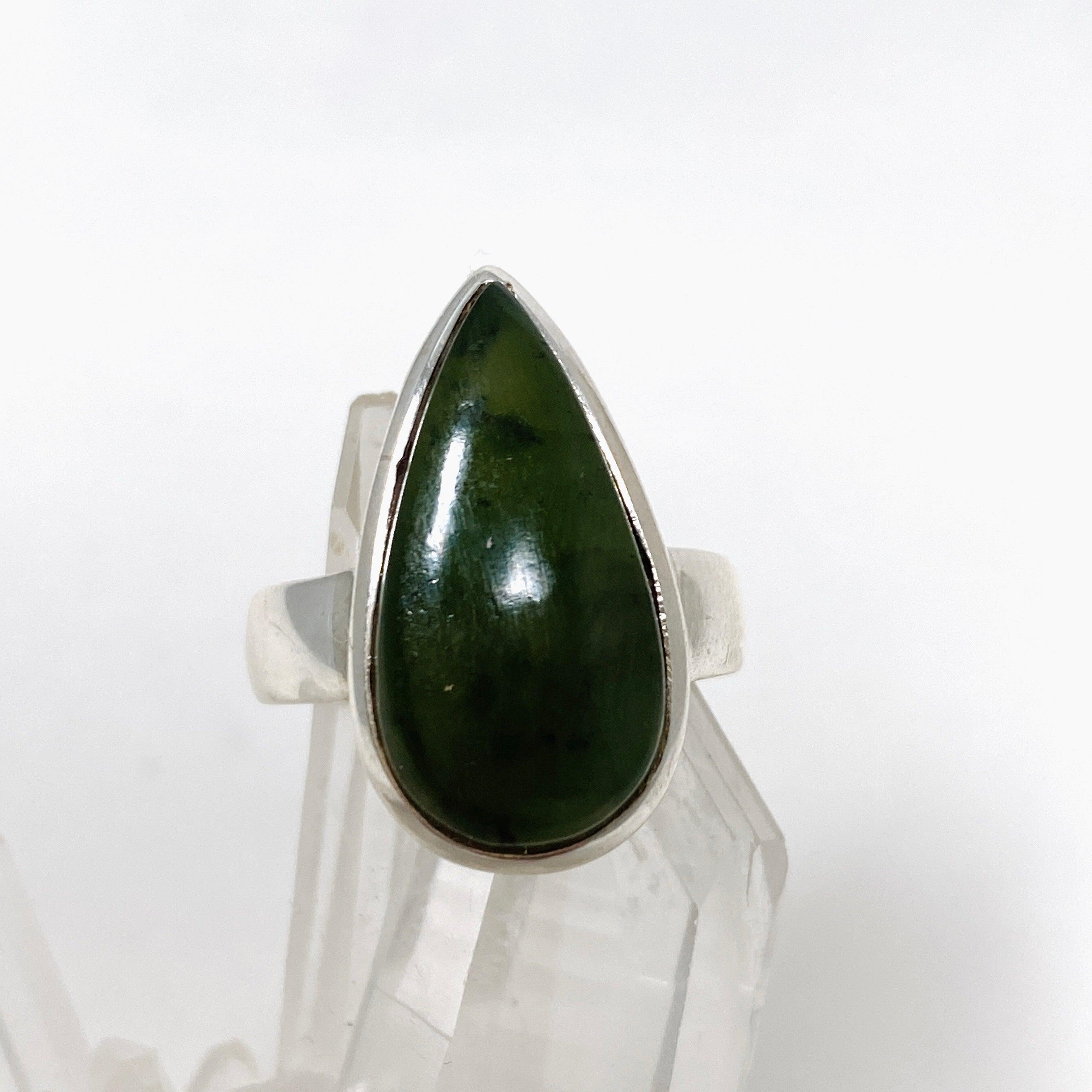 Natural Siberian Jade Nephrite Teardrop Ring - Size 9 PRGJ404 - Elegant Jewelry for Women, Perfect for Weddings, Parties & Special Occasions