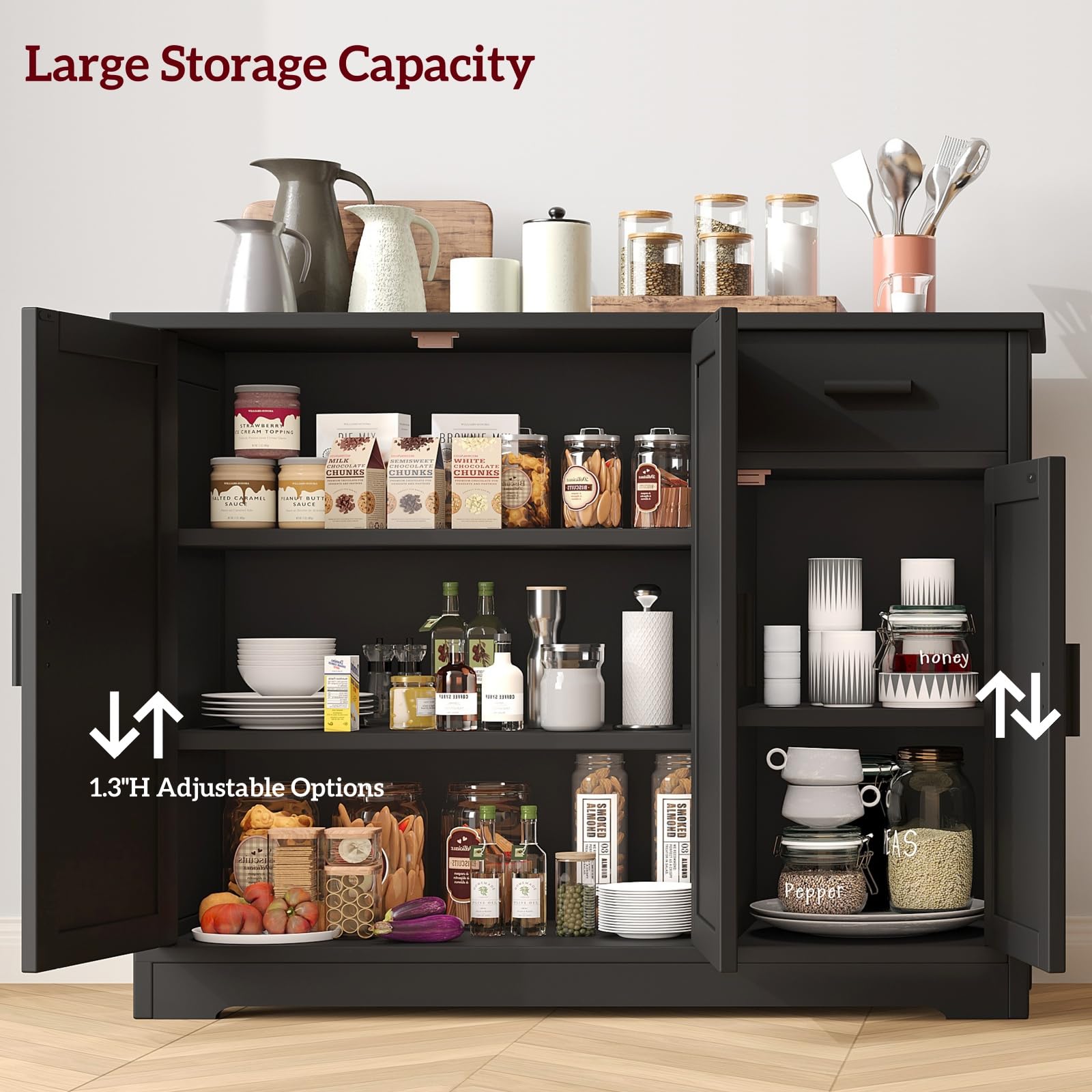Irontar Modern Kitchen Storage Cabinet with Doors & Drawer - Sideboard Buffet Cabinet, Coffee Bar Console Table for Dining Room, Living Room, Entryway - Black CWG010B | Perfect for Home Organization & Stylish Storage Solutions