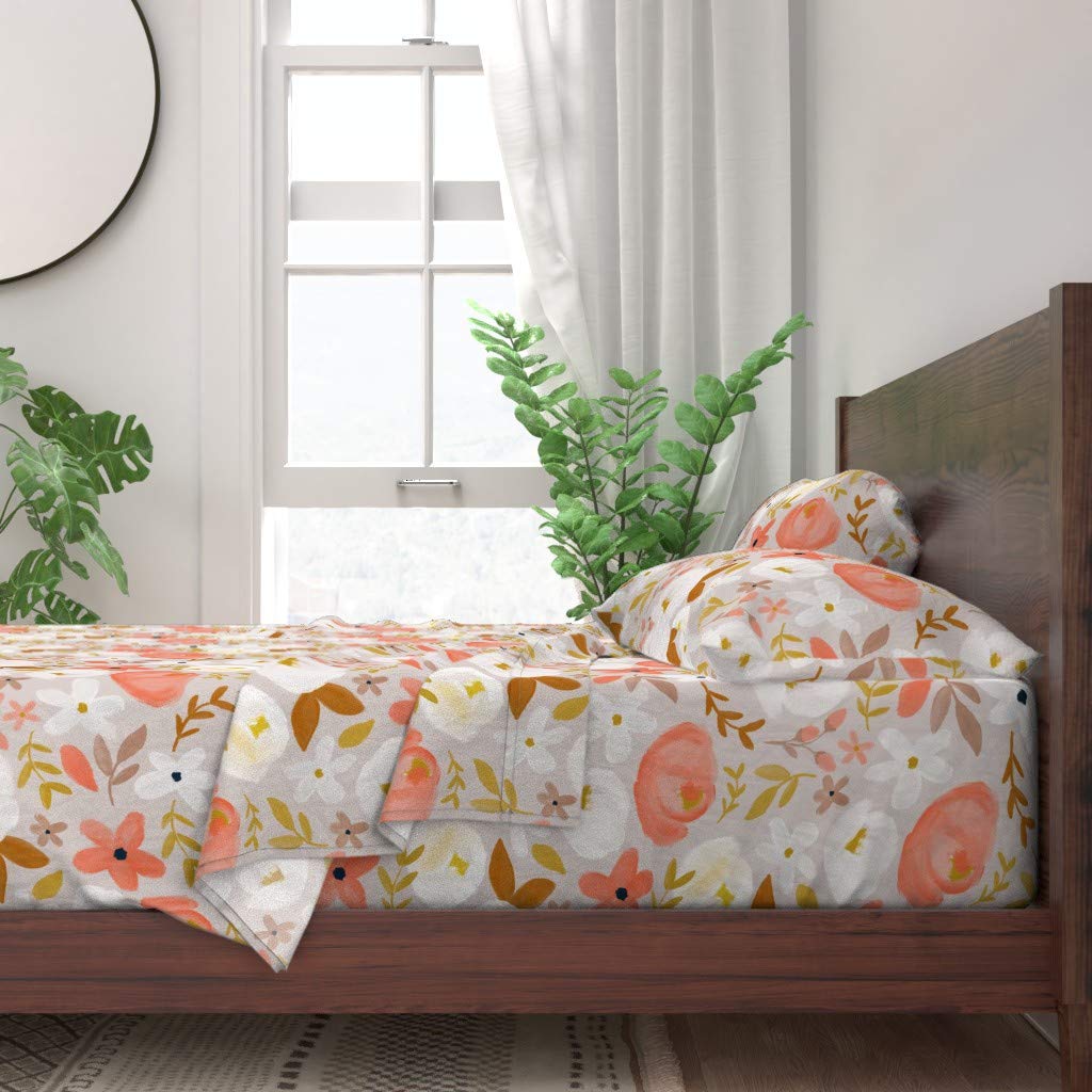 Spoonflower 100% Cotton Twin Sheet Set - 3PC Floral Autumn Gray White Midcentury Modern Gold Taupe Rust Print Custom Bedding | Soft Breathable Sheets for Bedroom, Guest Room & Dorm Decor