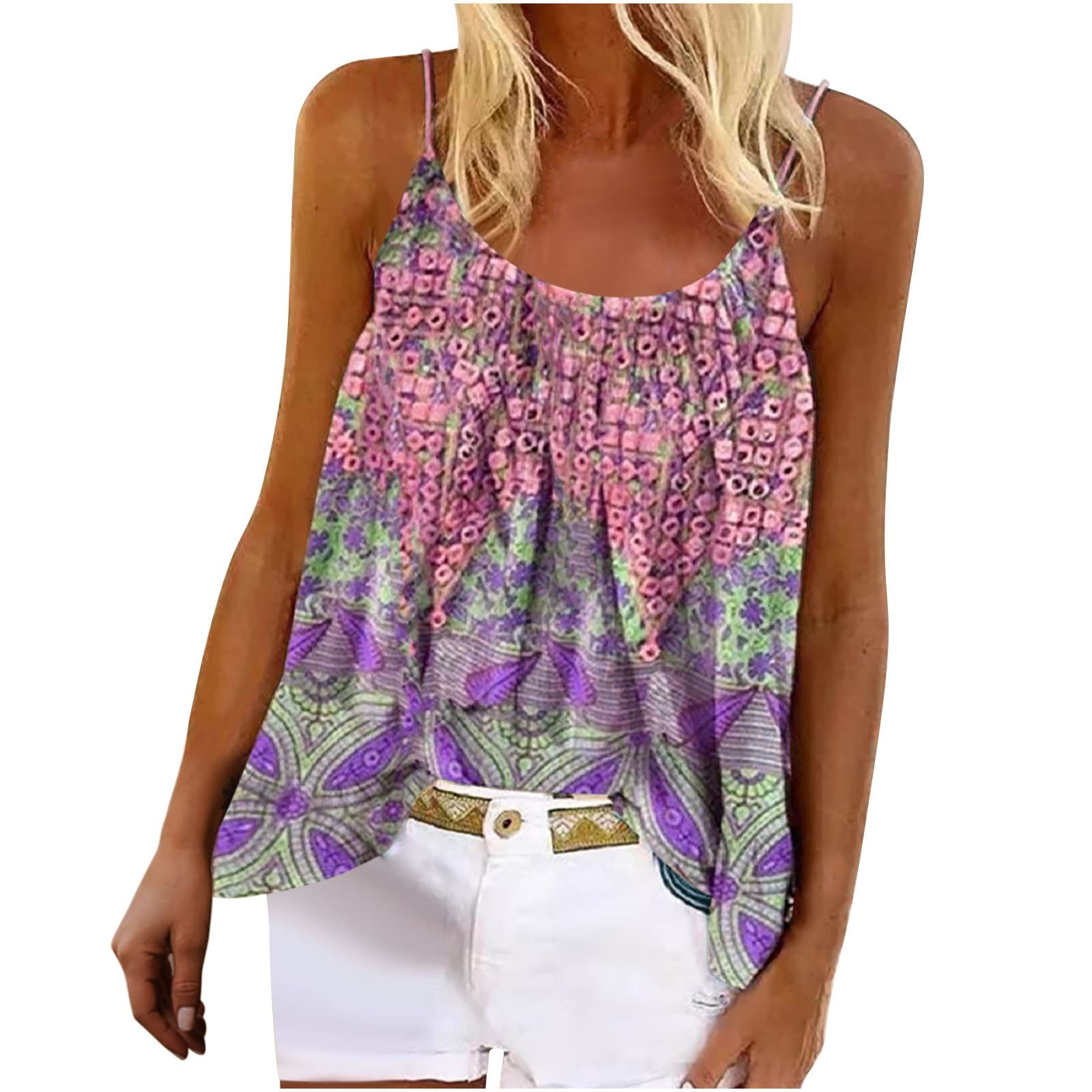 Women's Casual Summer Sleeveless Tank Tops - Flowy Pleated Spaghetti Strap Loose Shirts for Beach, Yoga & Everyday Wear
