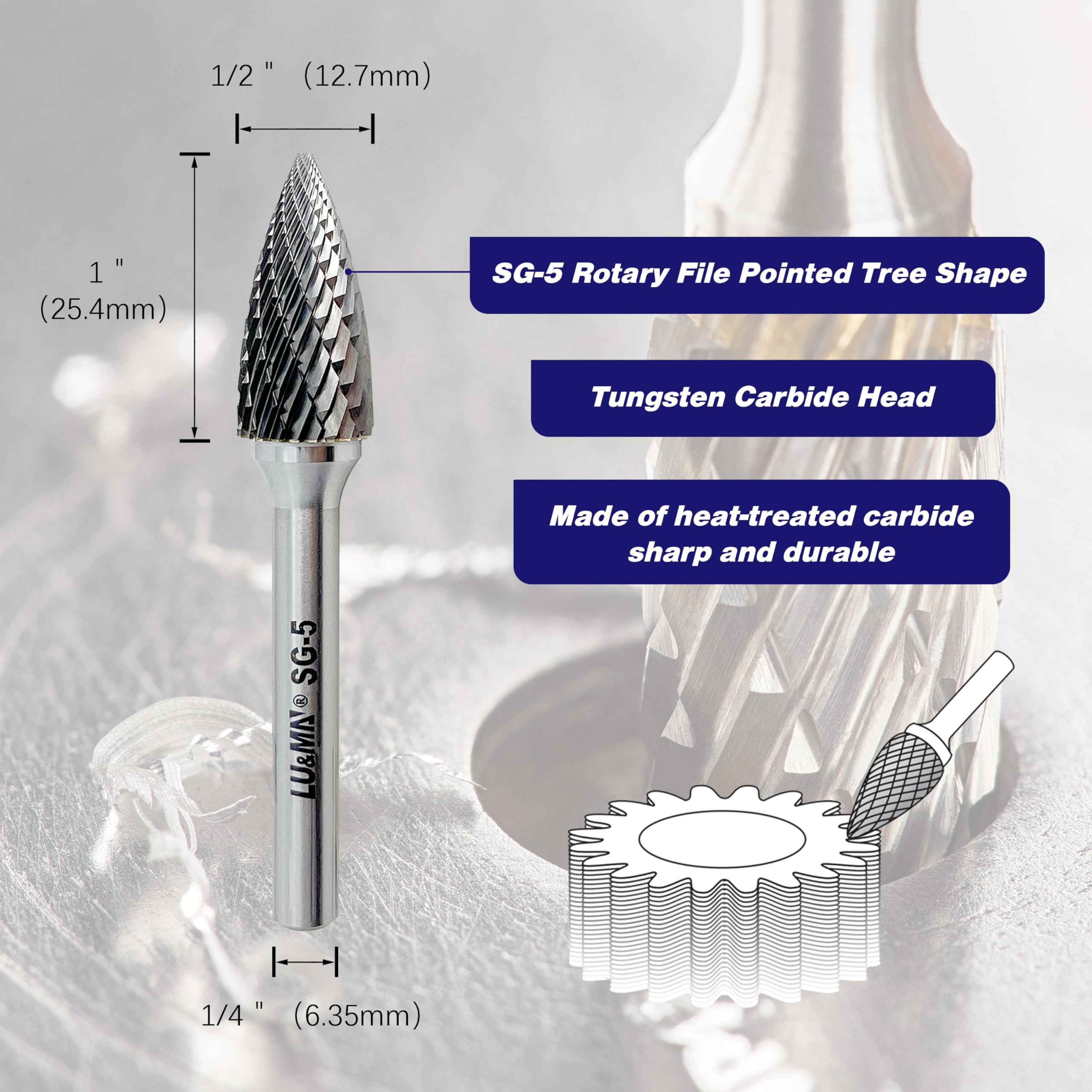 SG-5 Double Cut Tungsten Carbide Tree Shaped Rotary Burr - 1/4